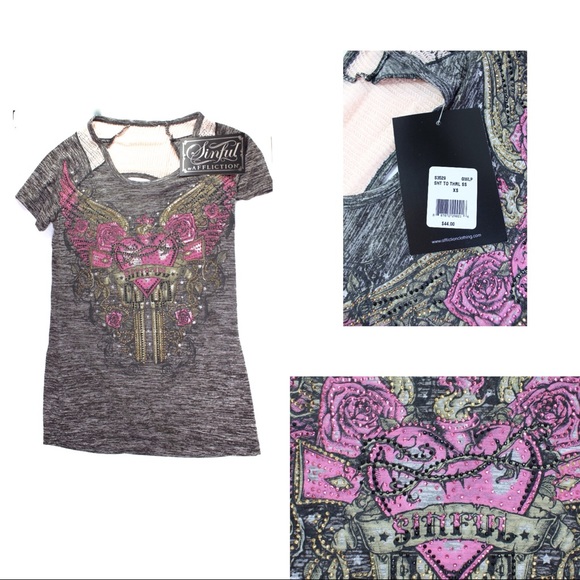 Sinful By Affliction Shoot to Thrill Edgy & Bejeweled Bling Open Back Top XS - Picture 2 of 8